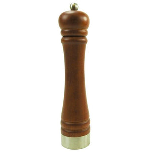 Braune Pfeffermühle aus dunklem Holz und goldenen Details