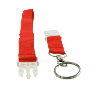 Rotes, trennbares SchlĂĽsselband mit silbernem Karabiner abgetrennt
