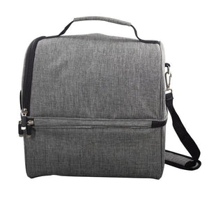 Graue StoffkĂĽhltasche mit Reissverschluss, Schultergurt und Schweizerwappen Design von der Seite
