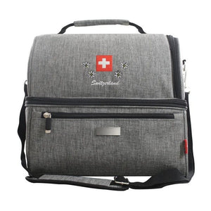 Graue StoffkĂĽhltasche mit Reissverschluss, Schultergurt und Schweizerwappen Design