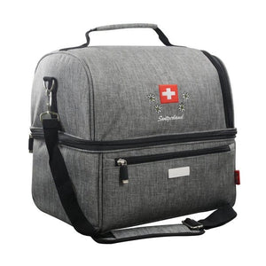 Graue StoffkĂĽhltasche mit Reissverschluss, Schultergurt und Schweizerwappen Design