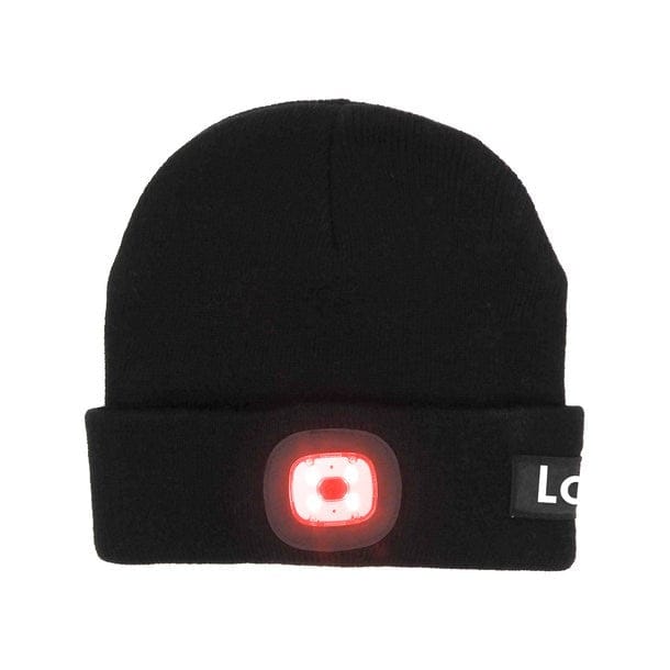 Schwarze Strickmütze mit einem LED Licht an der Rückseite