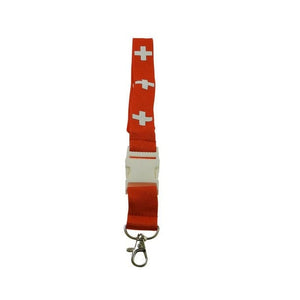 Rotes, trennbares SchlĂĽsselband mit silbernem Karabiner und Schweizerwappen Muster