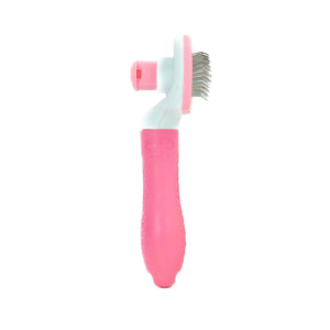 Pink weisse TierhaarentfernungsbĂĽrste mit Knopf hinten von der Seite