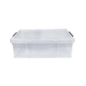 Transparente Aufbewahrungsbox mit schwarzen Henkeln von vorne