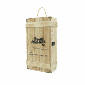Holzkiste fĂĽr Wein mit schwarzer Aufschrift und Burgabbildung