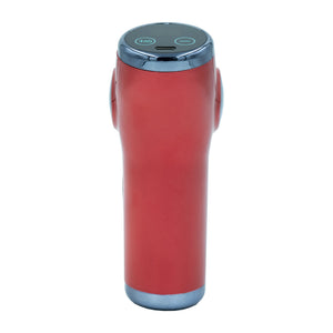 Rote Massage-Gun mit silbernen Details von hinten