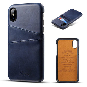 Blaue Leder-SmartphonehĂĽlle von verschiedenen Perspektiven mit Kartenfach und Innengravur