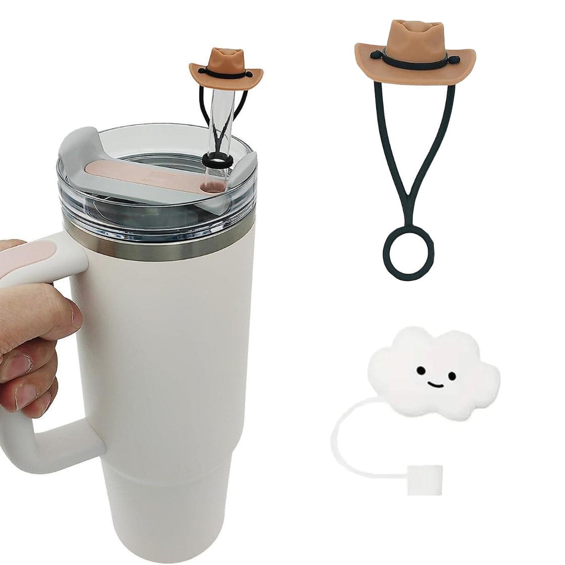 Stanley Cup mit Strohdeckeln als Cowboyhut und Wolke