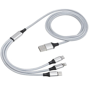 Weisses Ladekabel mit USB-, Lightning- und Micro-USB-AnschlĂĽssen