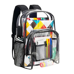 Transparenter Rucksack mit schwarzen ReissverschlĂĽssen und Beispielsinhalt