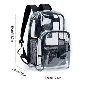 Transparenter Rucksack mit schwarzen ReissverschlĂĽssen mit seinen Massen
