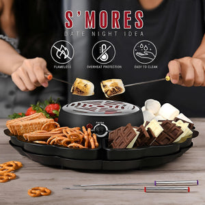 Elektrischer Tischgrill in einem Anwendungsbeispiel mit Marshmallows, Beeren, Schokolade, Bretzeln und Produktdetails
