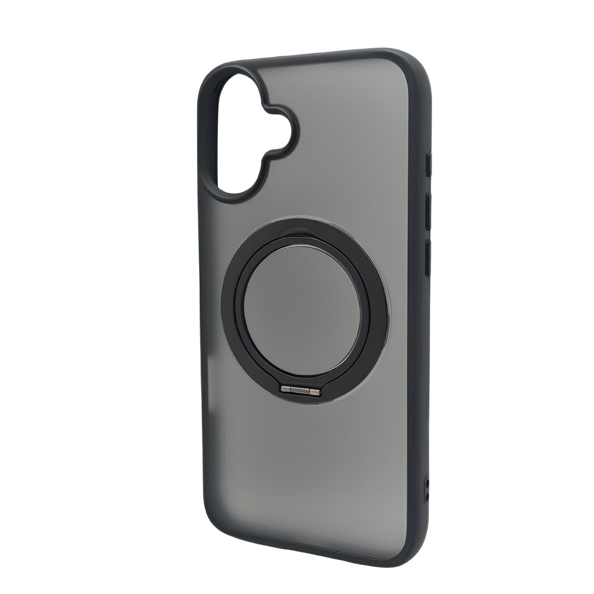 Graue iPhone-Hülle von der Seite mit rundem, einklappbarem Ständer für das iPhone 16 Plus