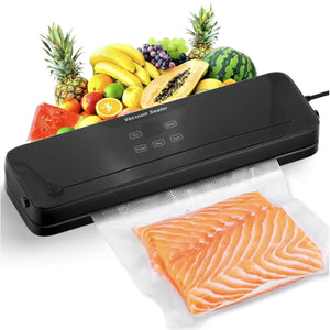 Schwarzes Vakuumiergerät mit Früchten im Hintergrund und Anwendungsbeispiel mit Lachs