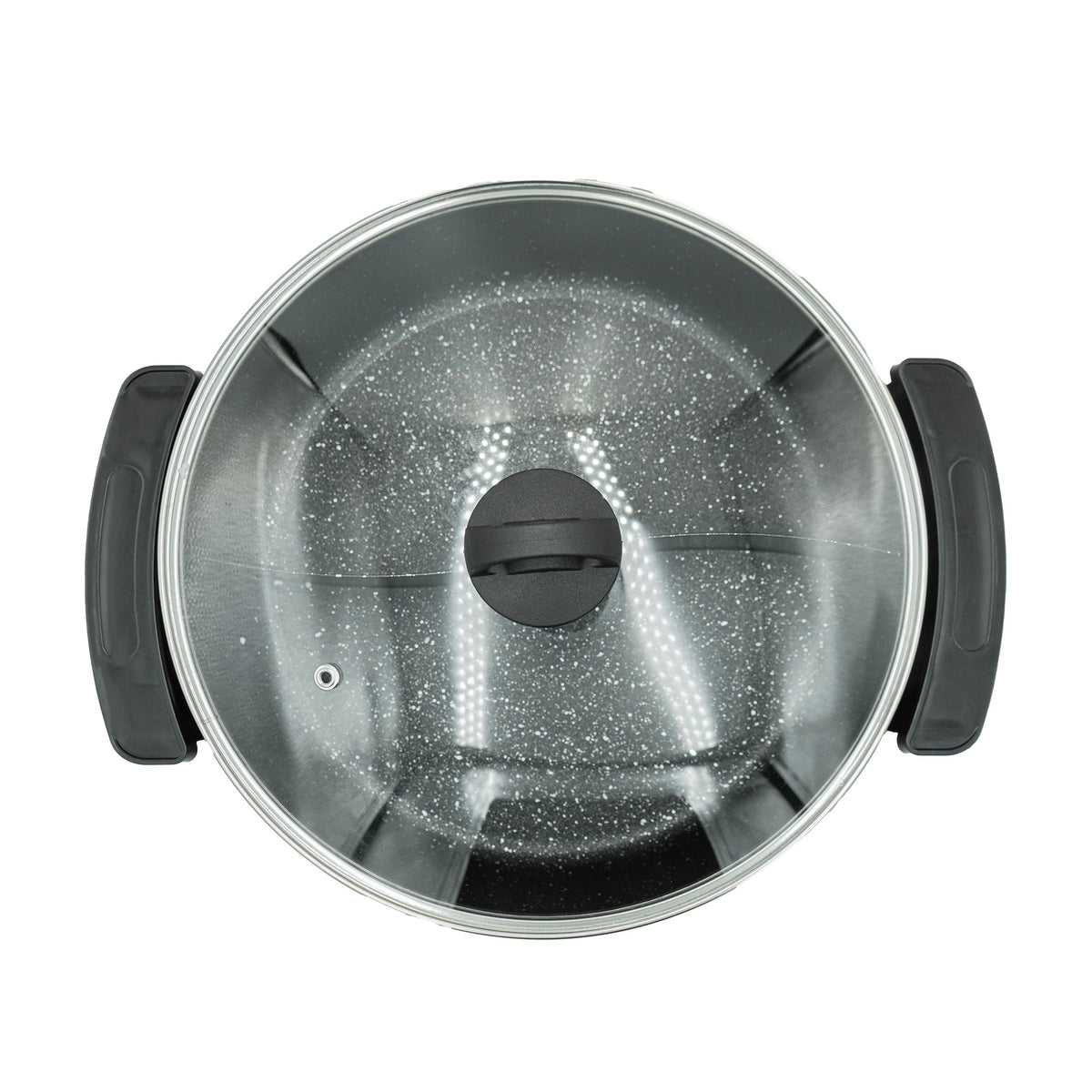 Roter Hotpot mit schwarzen Griffen und einem Glasdeckel von oben