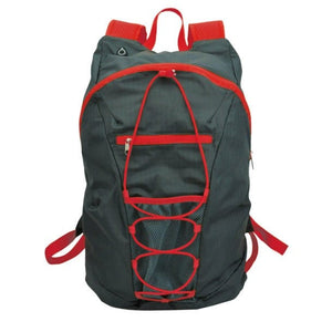 Schwarzer Rucksack mit roten Schultergurten und elastischer Schnürung auf der Vorderseite, inklusive Reißverschlussfach und Netz-Außentasche