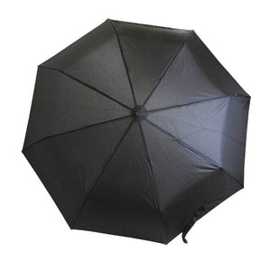 Schwarzer Regenschirm mit schwarzem Griff und silbernen Stange von oben