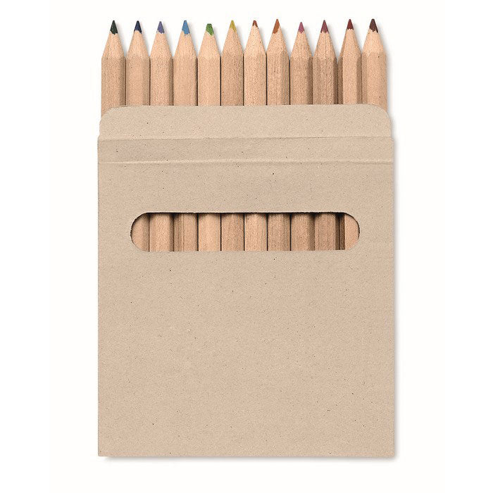 12 colored pencils in cardboard box
