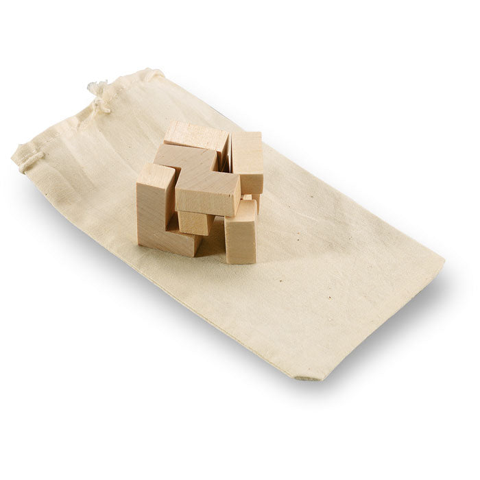 Wooden puzzle in cotton bag