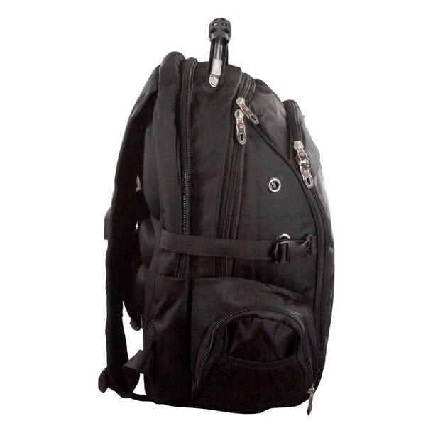 Schwarzer Rucksack mit verschiedenen Fächern und Schweizerwappen Design von der Seite