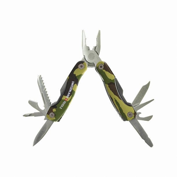 Camouflage-grünes, ausgeklapptes Taschenwerkzeug mit silbernen Werkzeugen und silbernen Details und "Switzerland-Tools" Aufschrift
