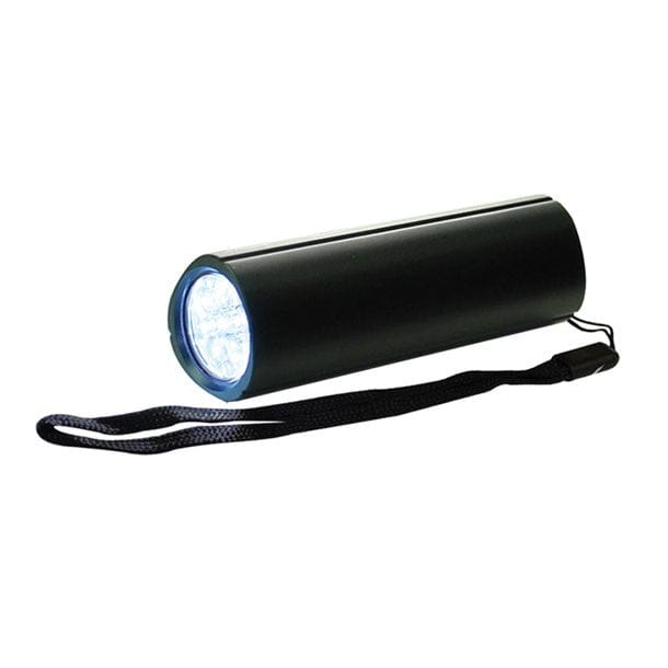 Schwarze Taschenlampe mit schwarzem Knopf und schwarzem Band