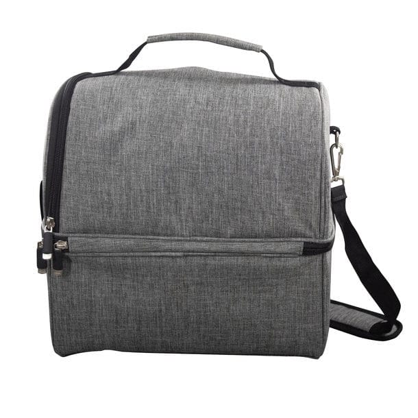 Graue Stoffkühltasche mit Reissverschluss, Schultergurt und Schweizerwappen Design von der Seite