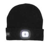 Schwarze Strickmütze mit einem LED Licht an der Vorderseite