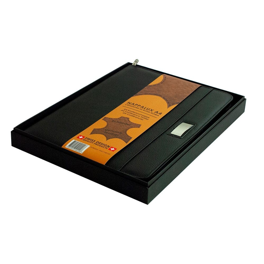Schwarze Lederkonferenzmappe in schwarzer Kartonverpackung