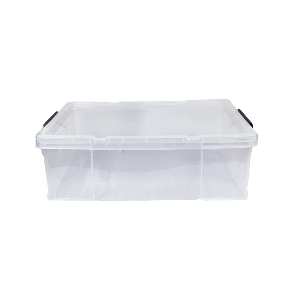 Transparente Aufbewahrungsbox mit schwarzen Henkeln von vorne