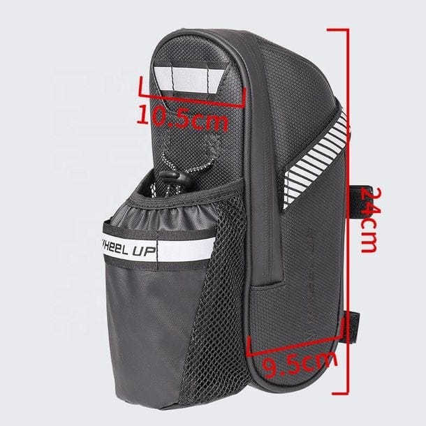 Schwarze Fahrraddatteltasche mit Getränkefach und den Massen