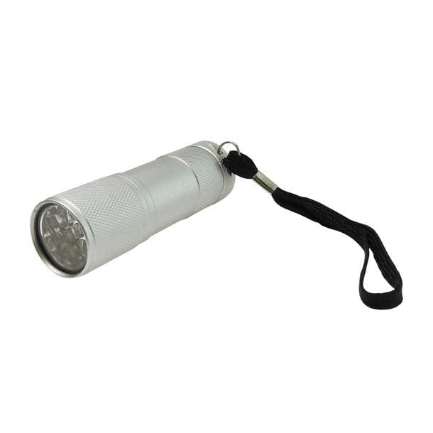 Silberne Taschenlampe mit schwarzer Schnur