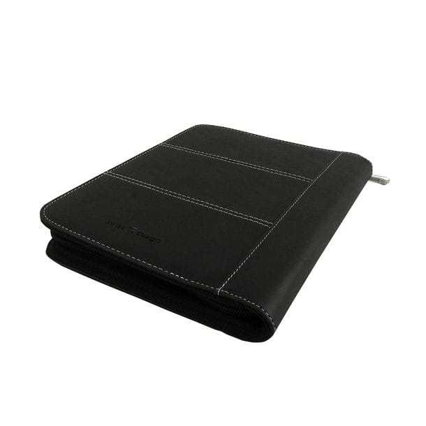 Kleine, schwarze Schreibmappe mit integriertem Taschenrechner und Schreibblock von der Seite
