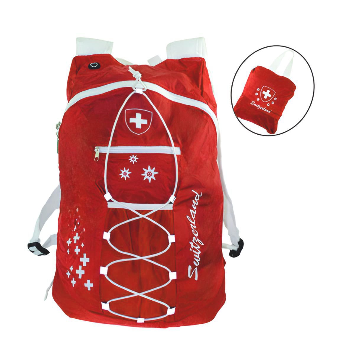 Roter Rucksack mit weißen Schultergurten und elastischer Schnürung auf der Vorderseite, inklusive Reißverschlussfach, Netz-Außentasche und Schweizerwappen Design