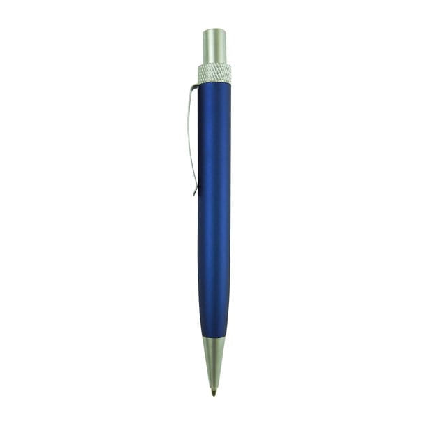 Blauer Kugelschreiber mit silbernen Details von der Seite