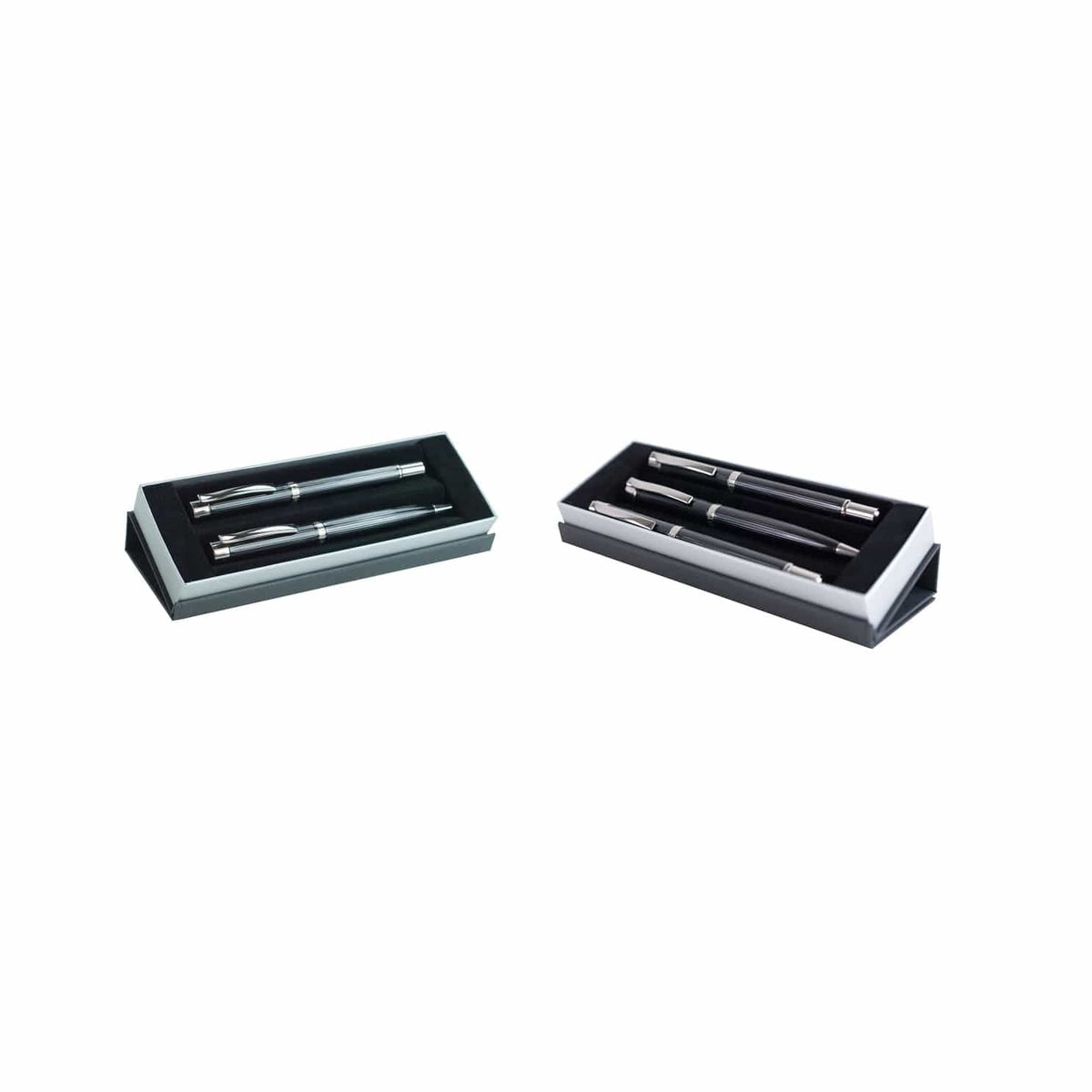 Zweier und Dreier-Set von schwarzen Stiften mit silbernen Details inklusive grauer Aufstellbox