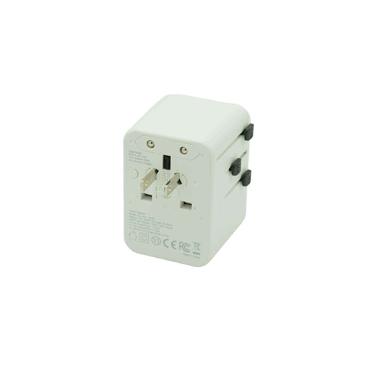 Weisser Weltreisestecker mit verschiedenen Anschlüssen von hinten