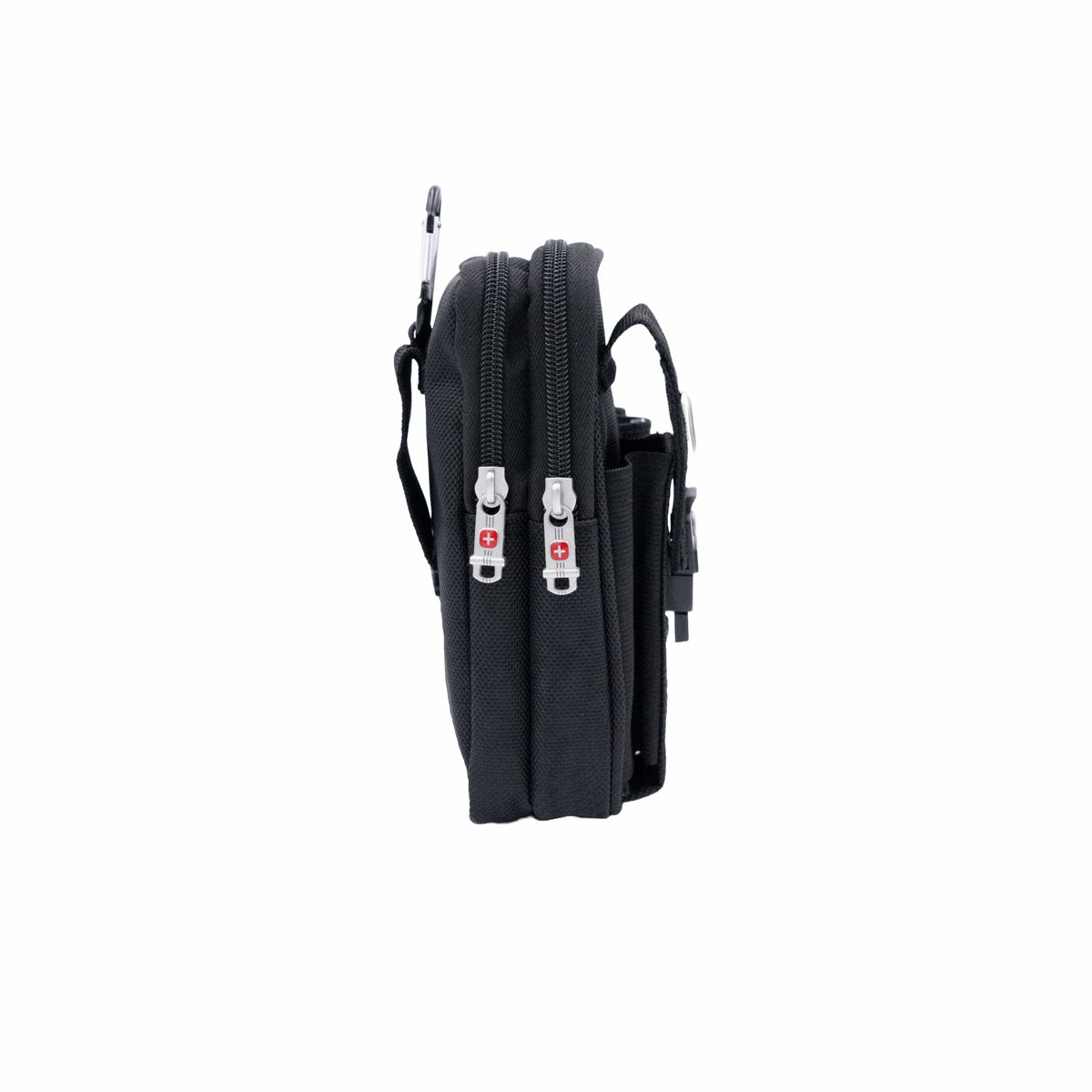 Schwarze Gürteltasche mit Schweizerwappen Badge und entfernbarem Gurt von der anderen Seite