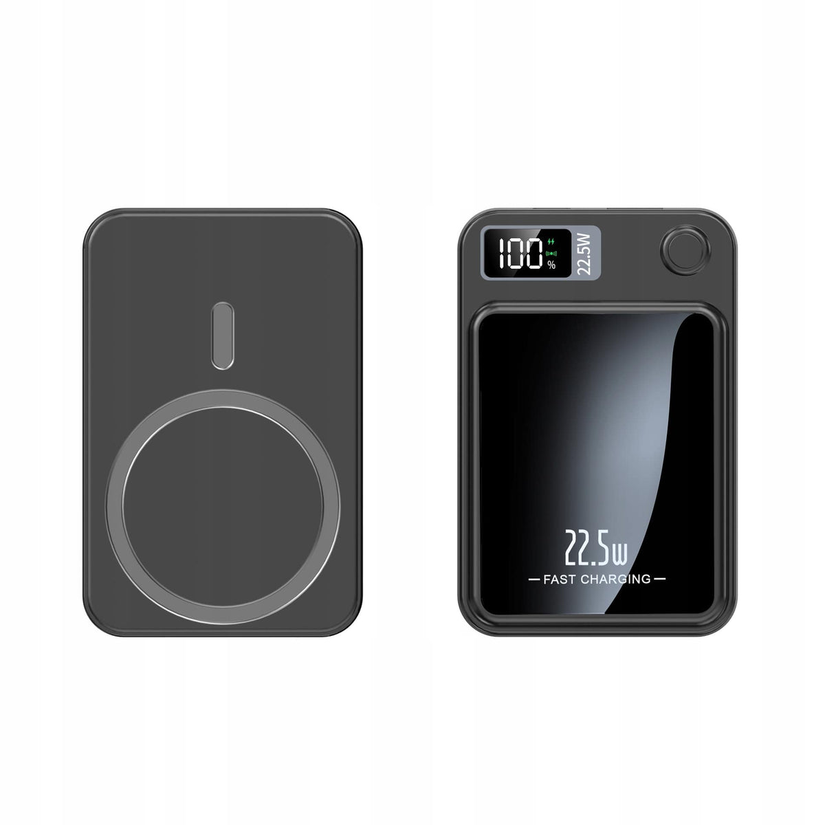 Schwarze Wireless Powerbank mit digital Bildschirm für Akkuanzeige