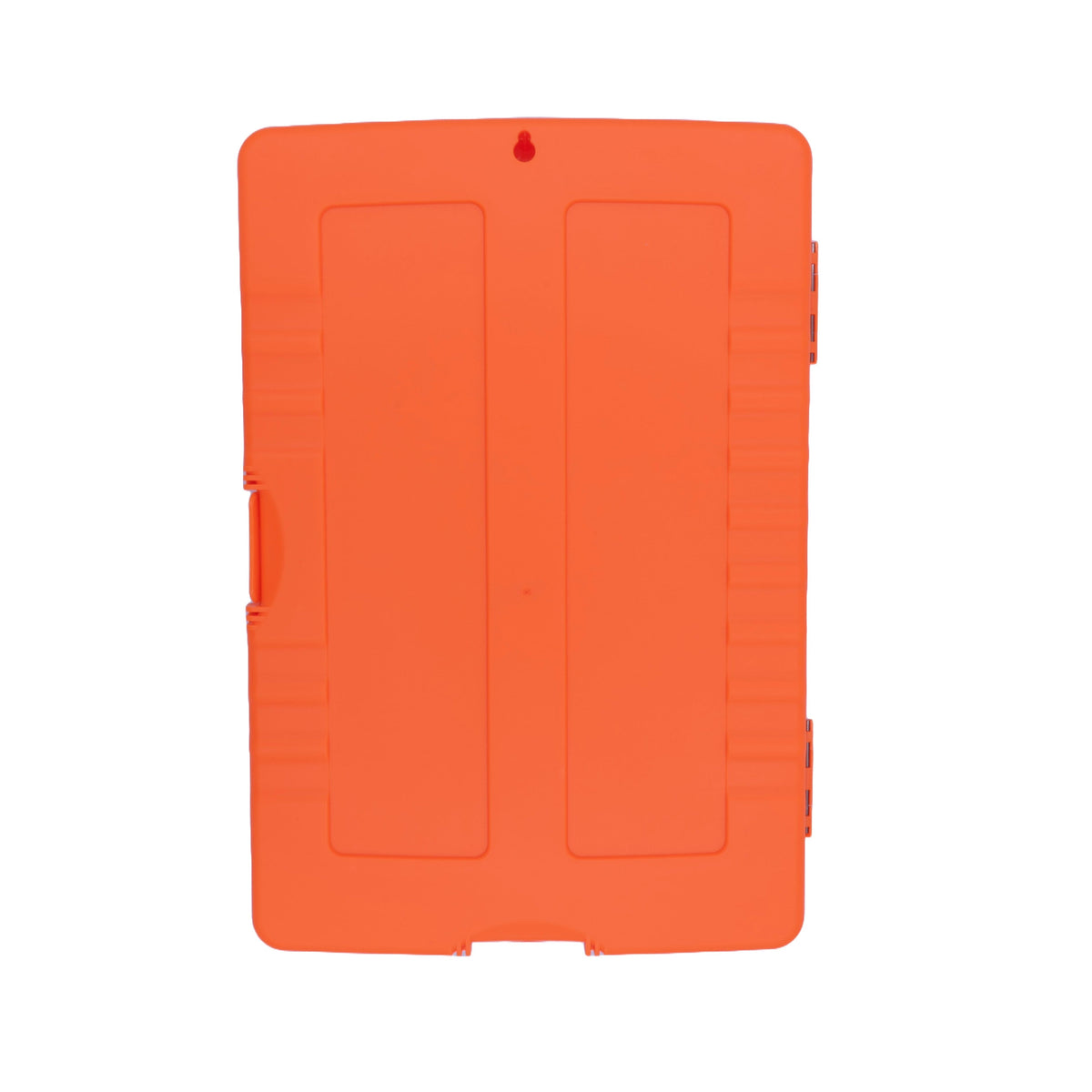 Orangenes Klemmbrett mit transparentem Aufbewahrungsfach von hinten