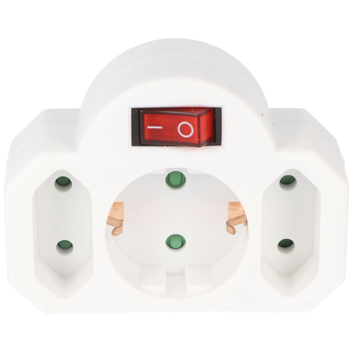 Weisser Multistecker mit zwei CH und einer Schuko Steckdosen von vorne