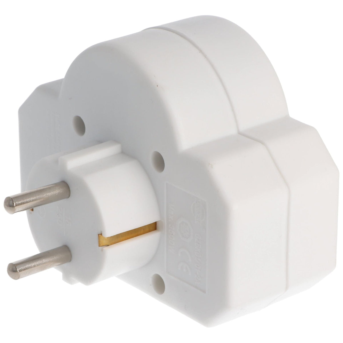 Weisser Multistecker mit zwei CH und einer Schuko Steckdosen von der Seite