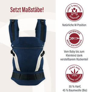 Dunkelblau-weisse Babytrage mit Produktdetails