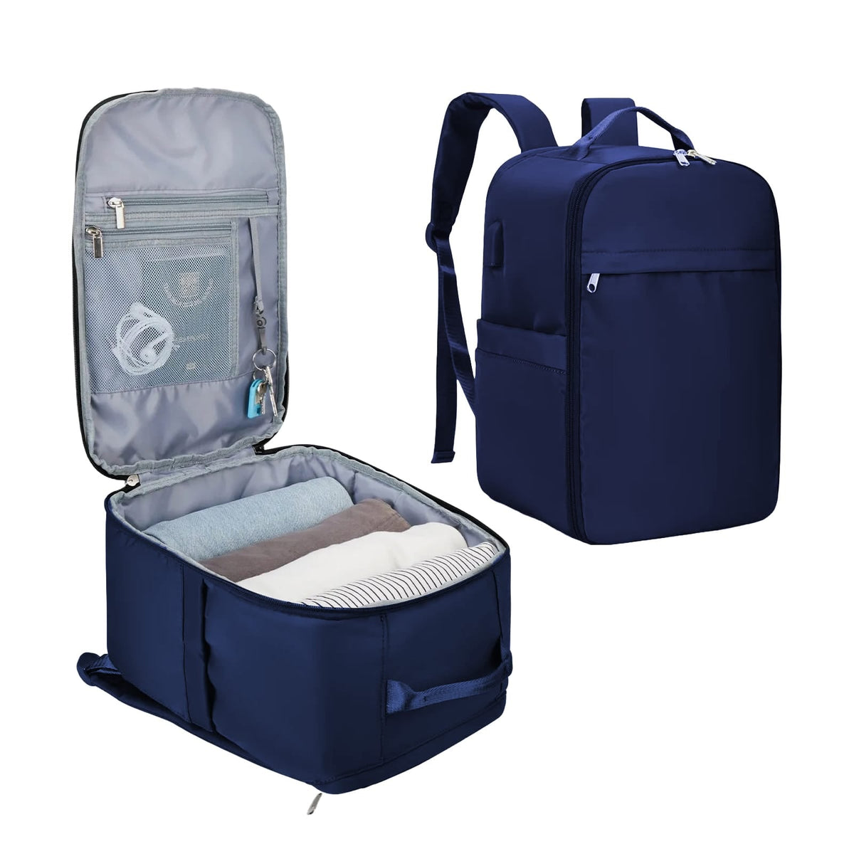 Geöffneter Reiserucksack in blau mit einem grossen und mehreren kleinen Fächern und Beispielsinhalt