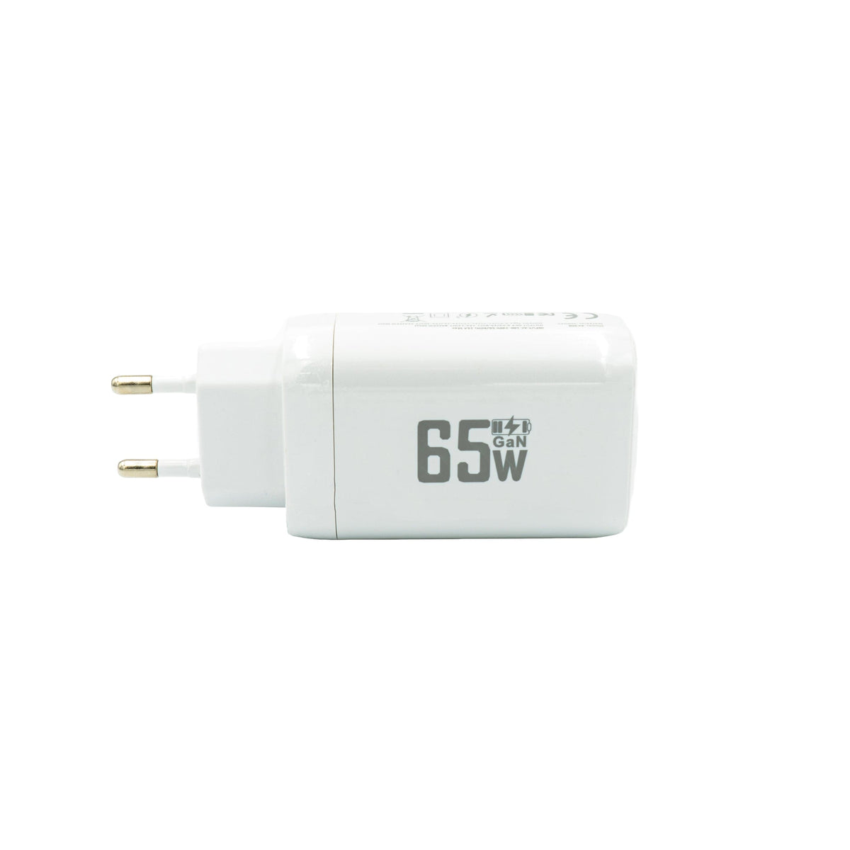 Weisser Super Fastcharger mit einem USB-C Anschluss und einem USB-A Anschluss von oben