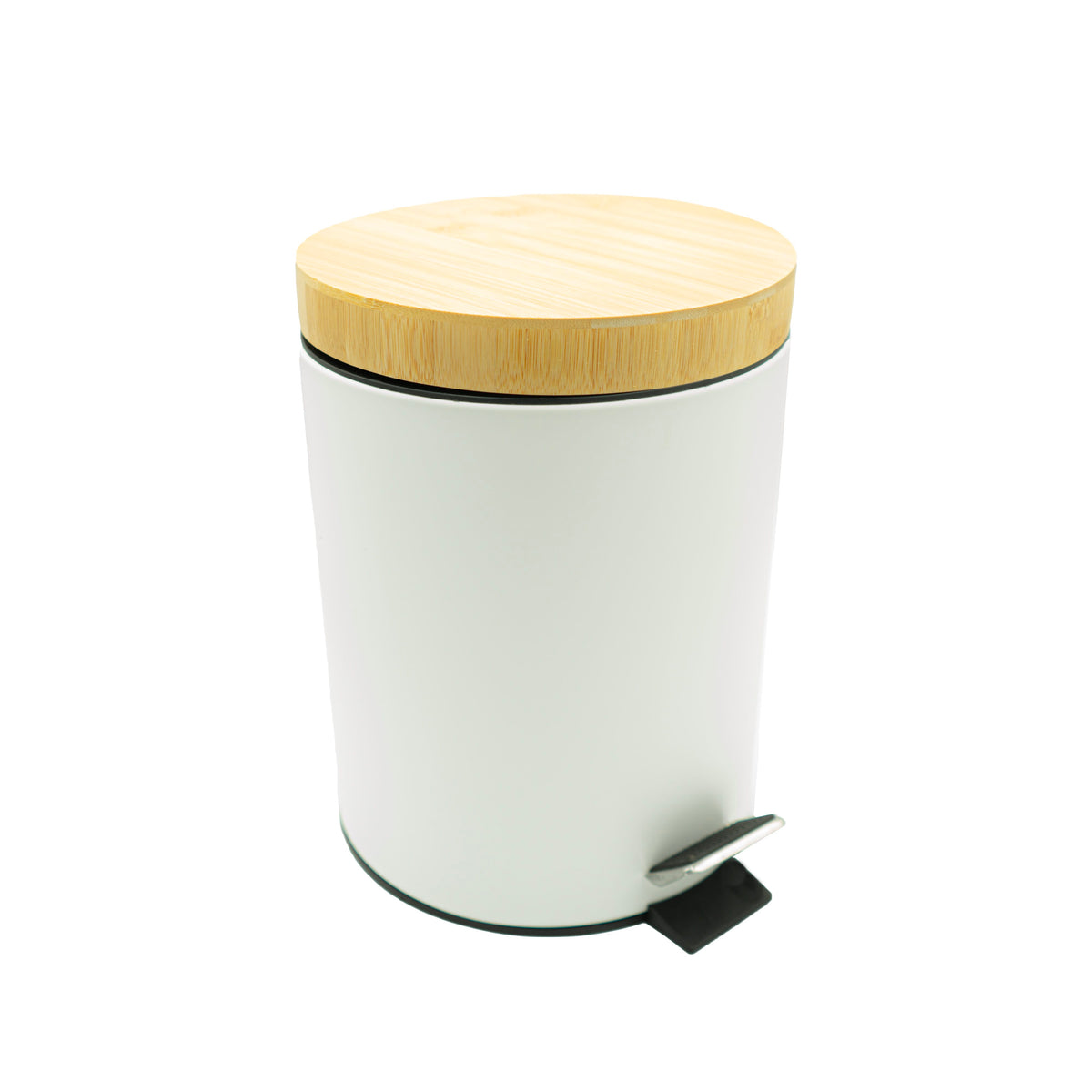 Weisser Mülleimer mit Holzdeckel und schwarzem Fusspedal