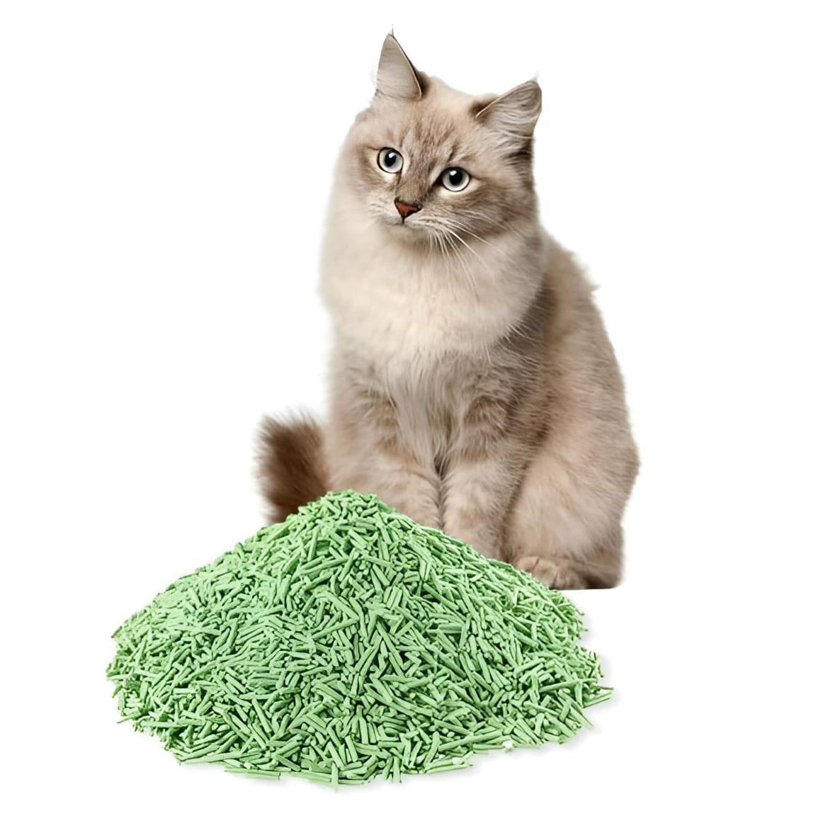 Tofu-Katzenstreu verteilt mit brauner Katze im Hintergrund