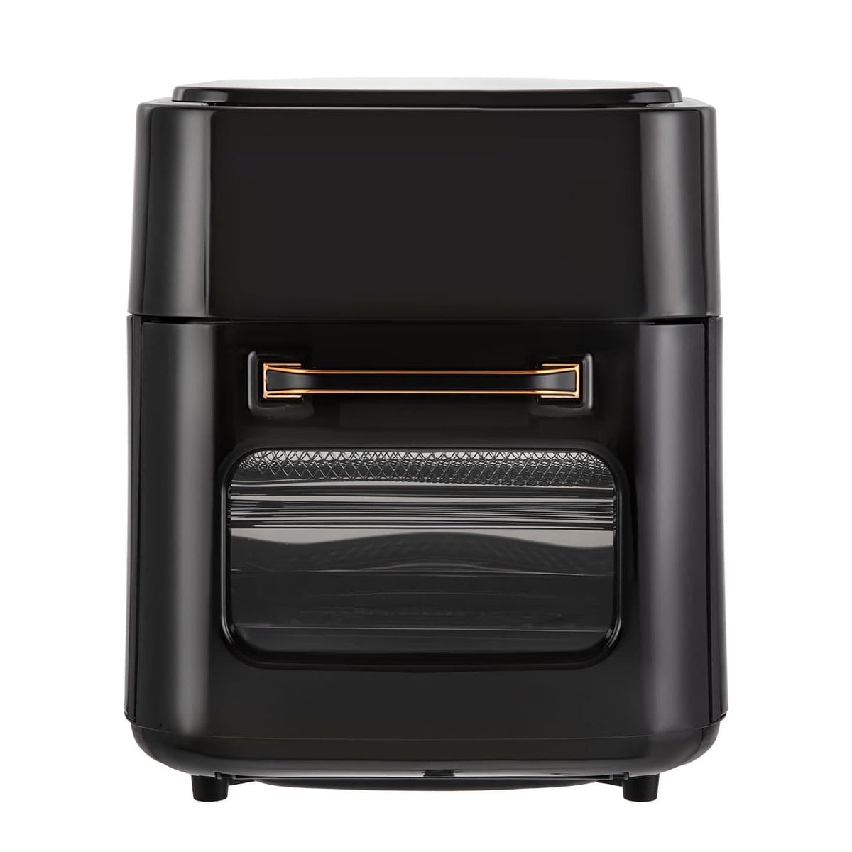 Schwarzer Airfryer mit Sichtfenster und goldenen Details am Griff