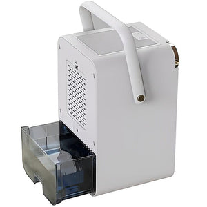 Weisser Luftentfeuchter von hinten mit Wasserbehälter